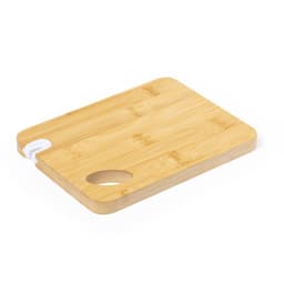 A bamboo chopping board with a handle and a circular cutout, showcasing a natural wood finish.