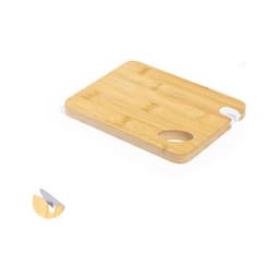 A bamboo chopping board with a unique cut-out handle, featuring a logo in the corner.