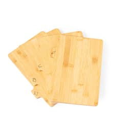 A set of four bamboo chopping boards with engraved animal designs, showcasing a natural wood finish.