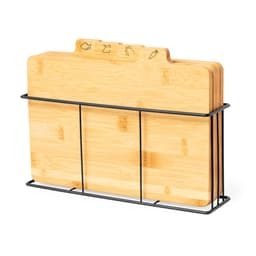 A set of bamboo chopping boards displayed in a black metal holder, featuring illustrated handles.