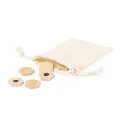 A set of hexagonal wooden tokens with a black center, alongside a beige drawstring pouch.