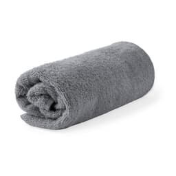 A rolled grey towel with a soft texture, featuring a branding logo. Suitable for health and personal use.