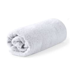 A rolled grey towel with a soft texture, designed for health and personal use. Features branding on the surface.