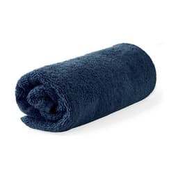A rolled navy hand towel with a soft, fluffy texture. The towel features branding.