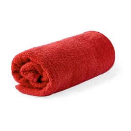 A rolled red towel, featuring a plush texture, suitable for health and personal use. It has a simple design with no visible branding.