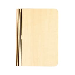 A wooden notebook with a smooth, light-coloured cover featuring thin, dark lines. Branding is present on the cover.