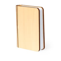 A wooden notebook with a smooth beige cover and white pages, featuring a simple design. It has a branding logo.