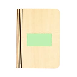 A wooden notebook with a light wood finish and decorative black lines. It features a blank green label area.