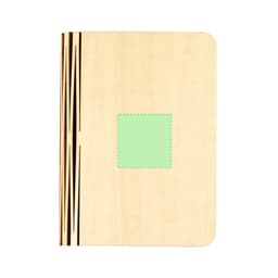 A wooden notebook with a light wood finish and a green square in the centre. It features decorative lines on the spine.