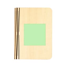 A wooden notebook featuring a natural finish with a green square space and decorative lines on the side.