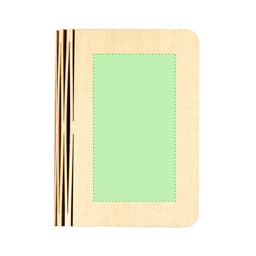 A wooden notebook with a light green cover and decorative black lines. It has a simple, minimalistic design.