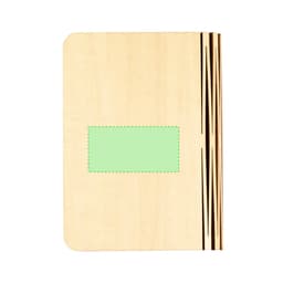 A wooden notebook with a smooth cover and decorative lines along the spine. It features a blank green label area.