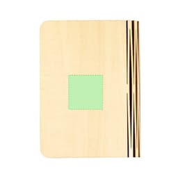 A wooden notebook with a rounded cover and a square cut-out in the centre, featuring a decorative spine.