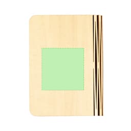 A wooden notebook with an engraved design on the side and a blank green square area for customisation.