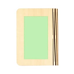 A wooden notebook with a green cover and decorative wood inlays on the spine. It features a smooth, minimalist design.