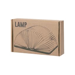 A boxed lamp with a unique book-like design, featuring an illustration on a brown cardboard package.