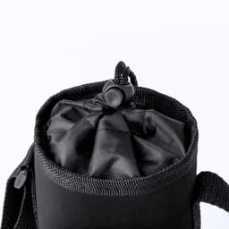 A drink bottle in a black cooler bag, featuring a drawstring closure and carrying strap.