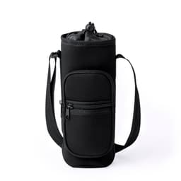 A drink bottle in a black cooler bag with a zippered pocket and adjustable strap.