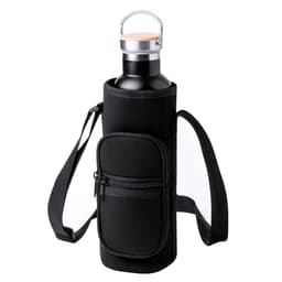 A drink bottle in a black insulated holder with a strap and a zippered pocket. The bottle has a silver top.