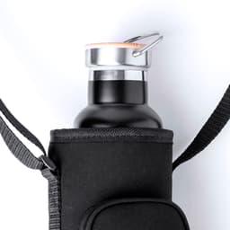 A drink bottle in a black cooler bag with a silver cap and ring, showcasing a sleek design.
