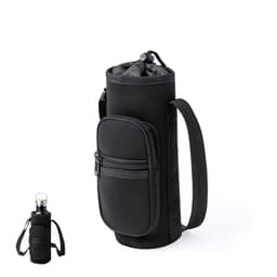 A drink bottle in a black cooler bag with a zippered pocket and adjustable strap. Features a drawstring closure.
