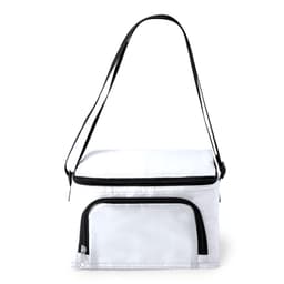 A white cooler bag with a black strap and zipper, featuring a front pocket and a branding logo.