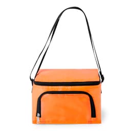An orange cooler bag with a black strap and a front zip pocket, featuring a logo on the front.