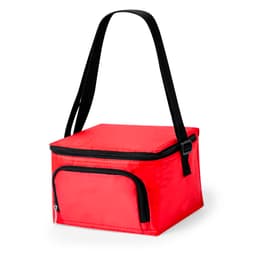 A red cooler bag with a black zip and strap, featuring a front pocket and a square shape.