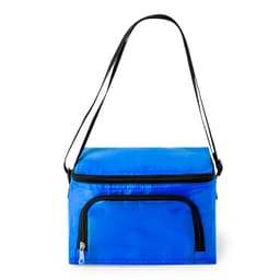 A blue cooler bag with a zippered main compartment and a front pocket, featuring a black shoulder strap.