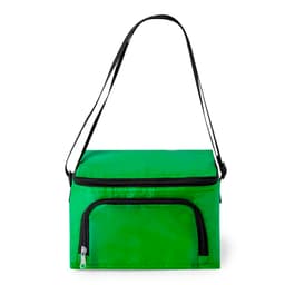 A green cooler bag with a zippered main compartment and a front pocket, featuring a black adjustable strap.