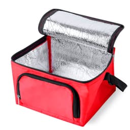 A red cooler bag with a silver insulated interior and zippered side pocket, featuring a black trim and handle.