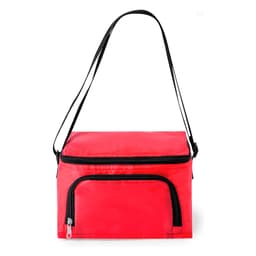 A red cooler bag with a zippered top and front pocket, featuring a black strap and trim.