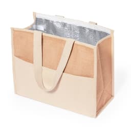 A cooler bag featuring a beige exterior with silver insulation lining and sturdy handles.