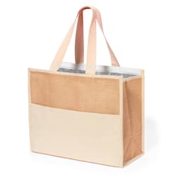 A cooler bag with a clear top, featuring natural and cream-coloured fabric and sturdy tote handles.