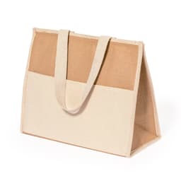 A cooler bag with a beige and tan design, featuring sturdy handles and a structured shape. It has a logo on one side.