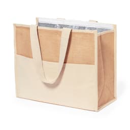 A cooler bag in natural and cream tones, featuring insulated lining and sturdy handles. It also has a logo.
