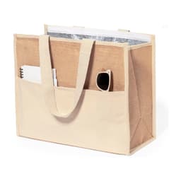 A beige cooler bag with a silver insulated interior, featuring exterior pockets for a notebook and a drink bottle.