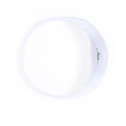 A white novelty item with a smooth, circular design and a fastening mechanism. It features a logo.