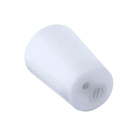 A glass drink bottle in a sleek, white design with a small logo on the surface.
