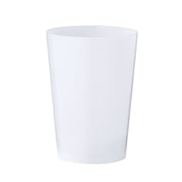 A white glass tumbler with a smooth finish, featuring a logo on one side.