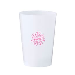 A white party cup featuring a pink graphic design and text. The cup has a modern, sleek shape and a branding logo.