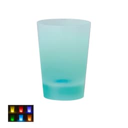 A translucent blue-green glass with a frosted finish, featuring a logo and illuminated design options below.