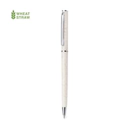 A pen with a light beige, textured barrel and a sleek silver clip, featuring branding on the side.