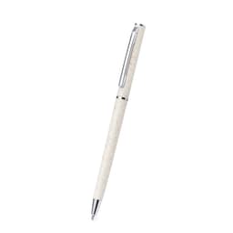 A pen with a creamy white barrel and silver accents, featuring a branding logo.