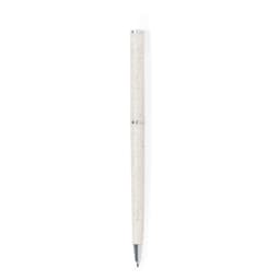 A pen with a textured white barrel and silver trim, featuring a logo on the barrel.