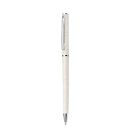 A pen with a white body and silver accents, featuring a clip and a sleek design.