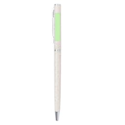 A white pen with a silver clip and a green section for branding. It's designed for writing.