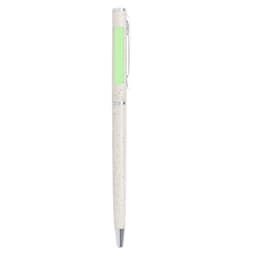 A pen with a light-coloured body and silver accents, featuring a green section. It has a logo on its surface.