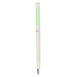A pen with a white body and a green accent, featuring a silver tip and a branding logo.