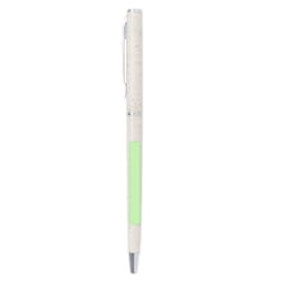 A pen with a textured white body and a green accent, featuring a silver clip and tip. It has a logo.